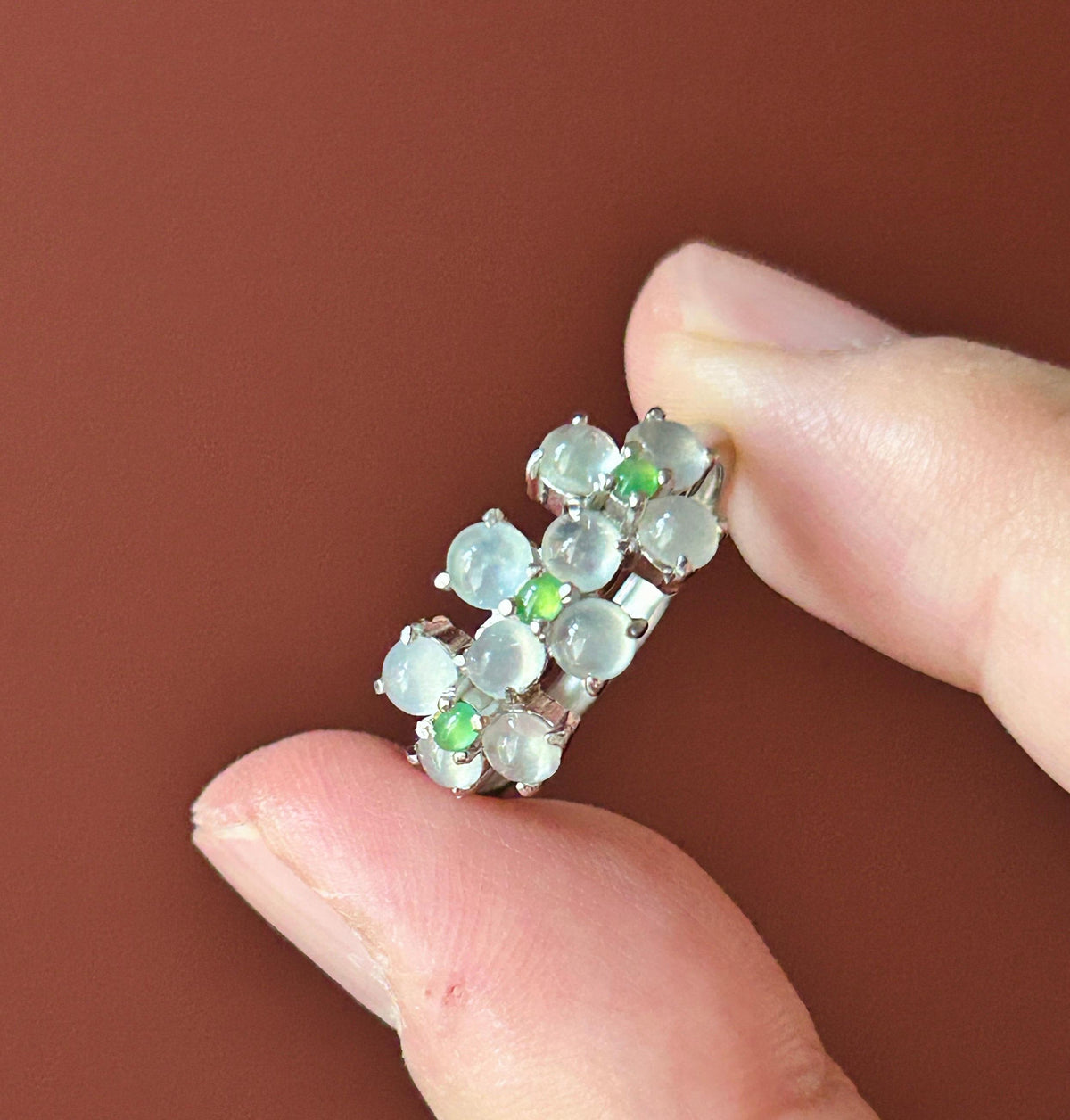 Certified Natural Jadeite Cabochon Multi-Flower Adjustable Ring Burmese Type A High Translucency Icy Green & White Jade Sterling Silver