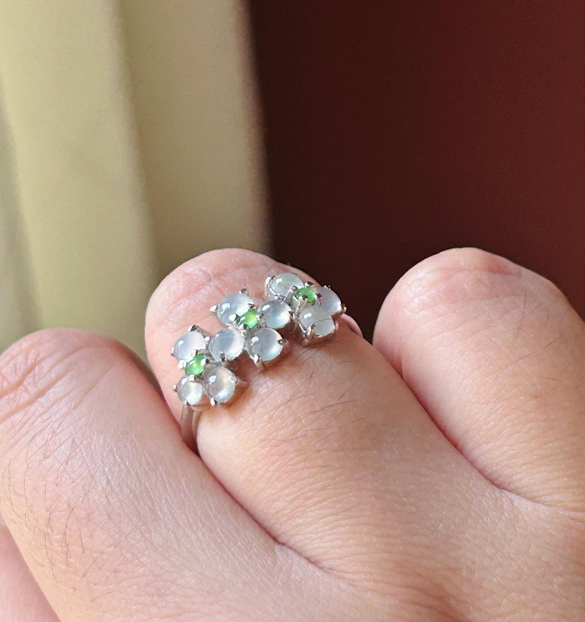 Certified Natural Jadeite Cabochon Multi-Flower Adjustable Ring Burmese Type A High Translucency Icy Green & White Jade Sterling Silver