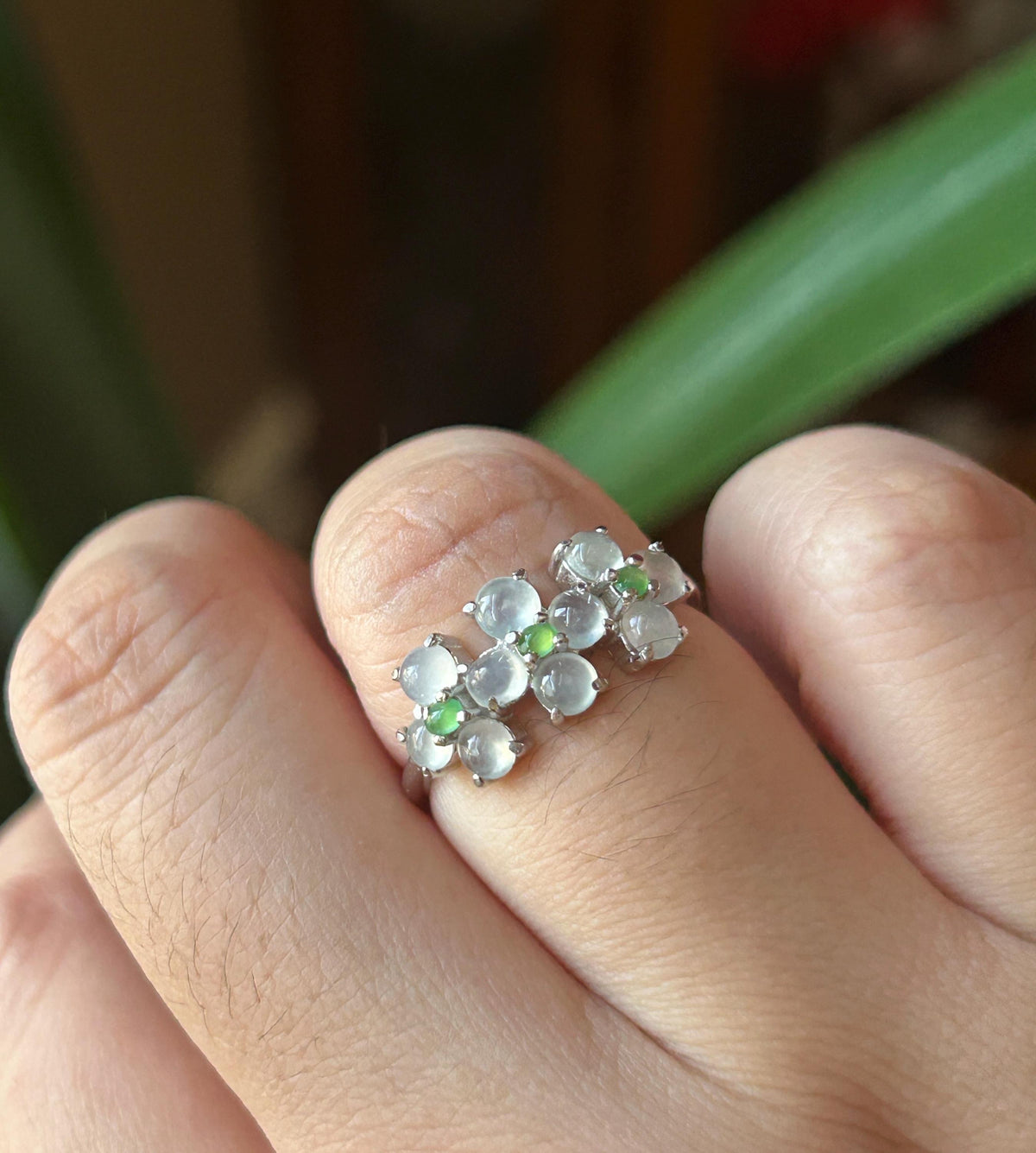 Certified Natural Jadeite Cabochon Multi-Flower Adjustable Ring Burmese Type A High Translucency Icy Green & White Jade Sterling Silver