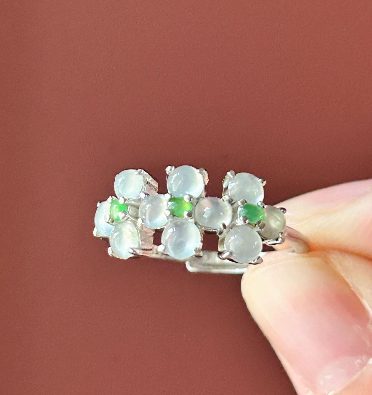 Certified Natural Jadeite Cabochon Multi-Flower Adjustable Ring Burmese Type A High Translucency Icy Green & White Jade Sterling Silver