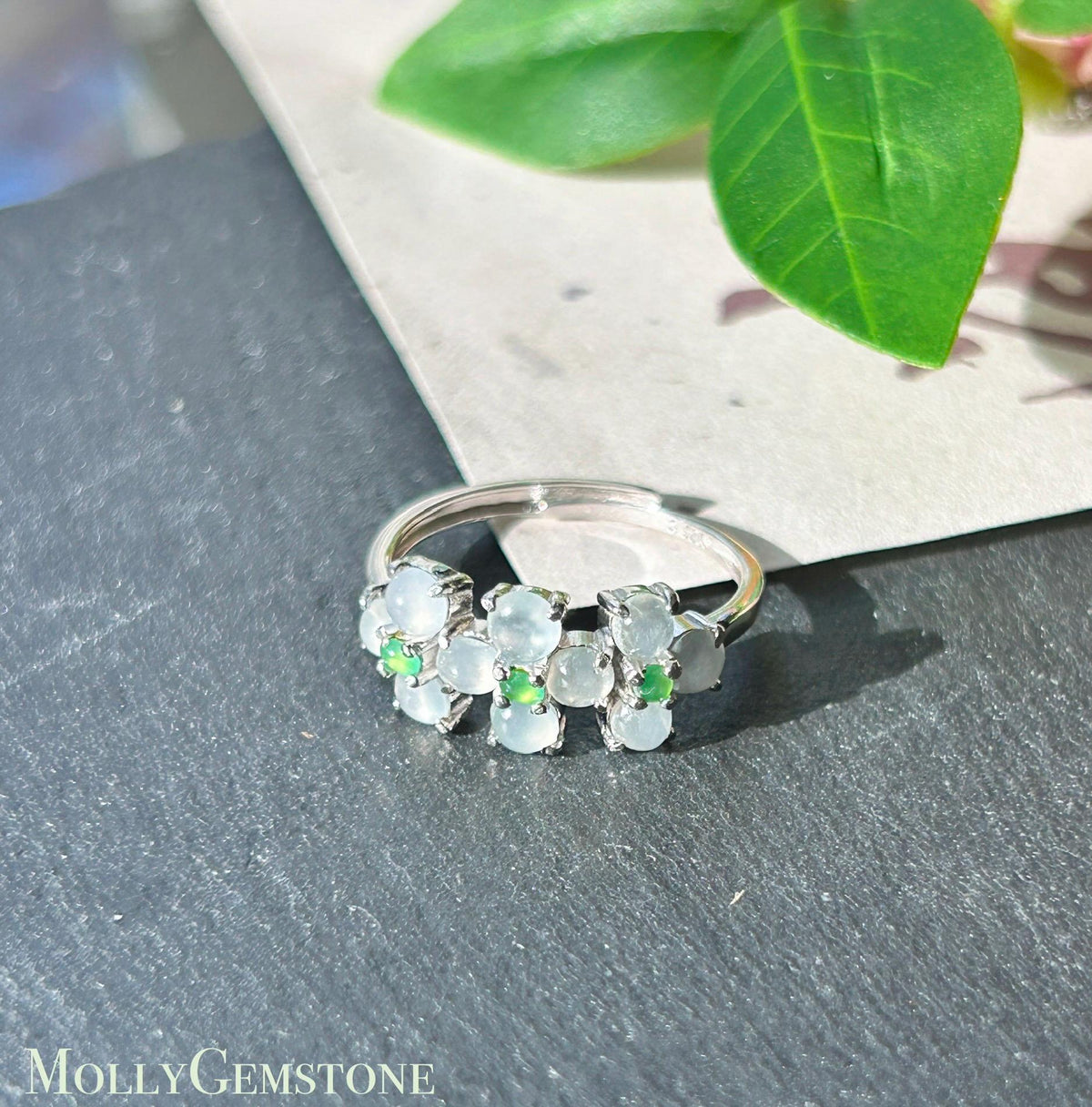 Certified Natural Jadeite Cabochon Multi-Flower Adjustable Ring Burmese Type A High Translucency Icy Green & White Jade Sterling Silver