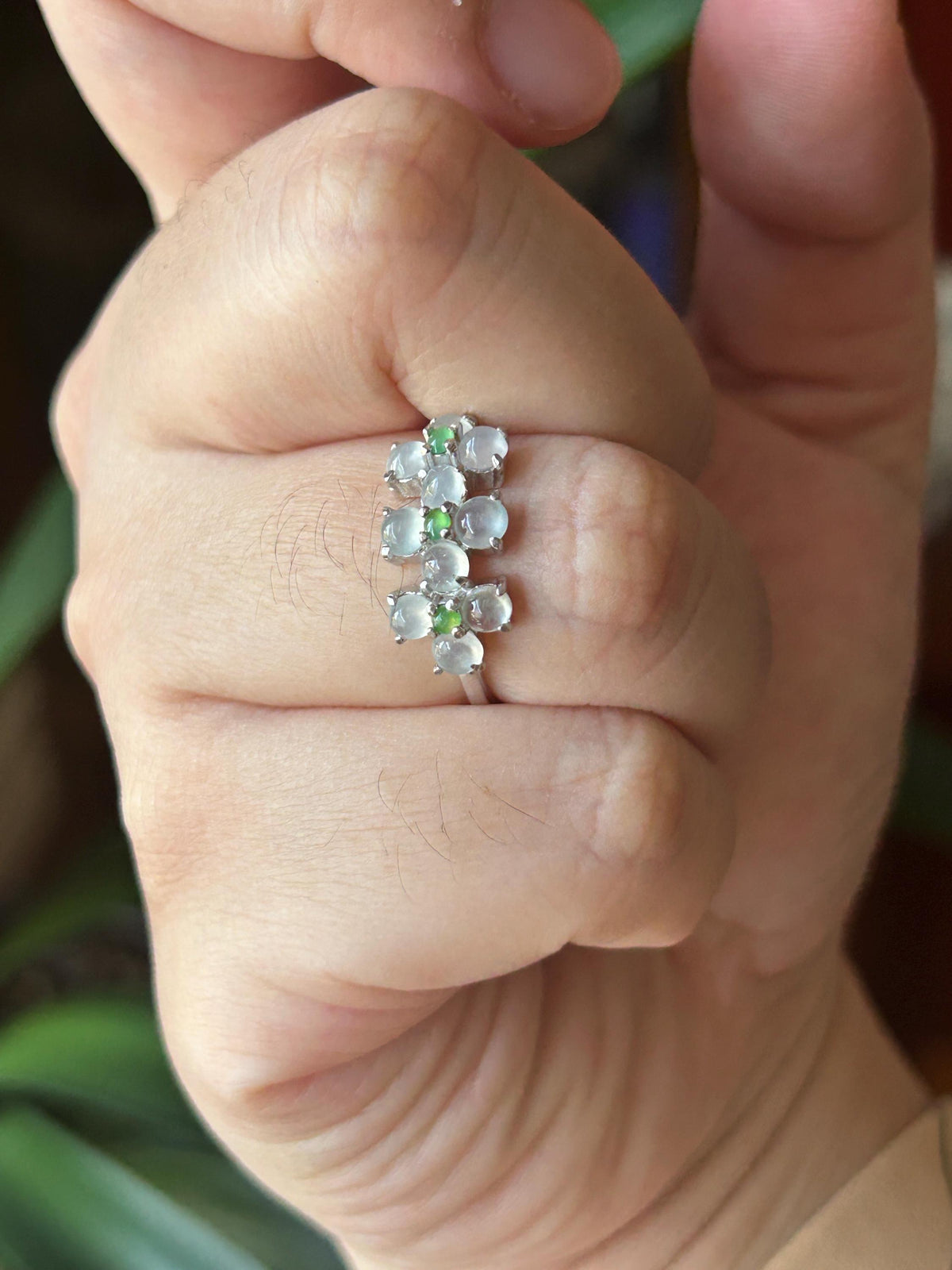 Certified Natural Jadeite Cabochon Multi-Flower Adjustable Ring Burmese Type A High Translucency Icy Green & White Jade Sterling Silver