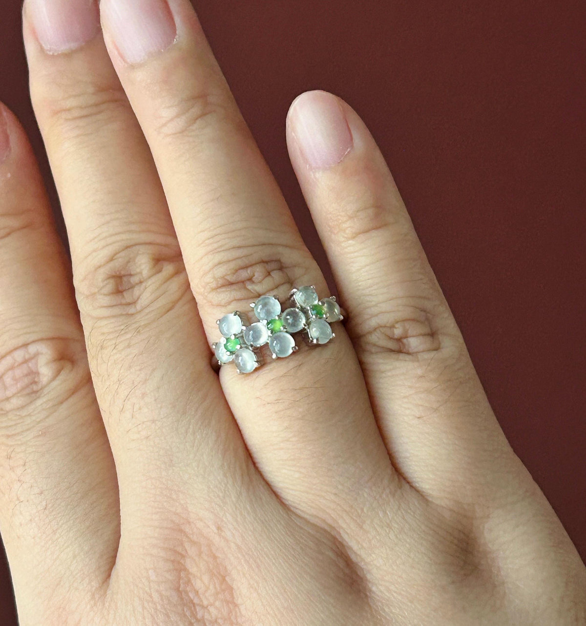 Certified Natural Jadeite Cabochon Multi-Flower Adjustable Ring Burmese Type A High Translucency Icy Green & White Jade Sterling Silver