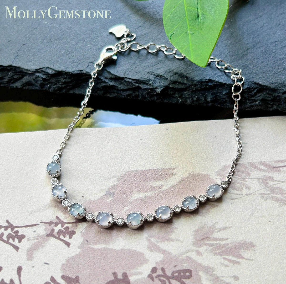 Certified Natural Jadeite Cabochon Minimalist Bracelet, Burmese Type A Translucent Icy Pale Lavender Jade Sterling Silver, Adjustable Length