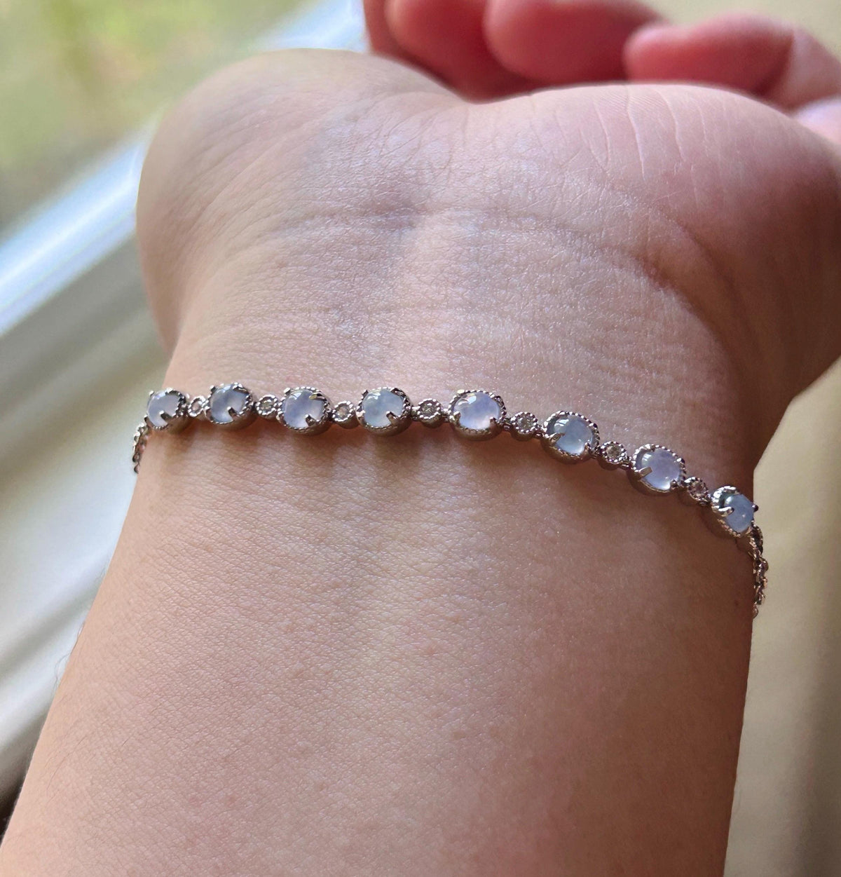 Certified Natural Jadeite Cabochon Minimalist Bracelet, Burmese Type A Translucent Icy Pale Lavender Jade Sterling Silver, Adjustable Length