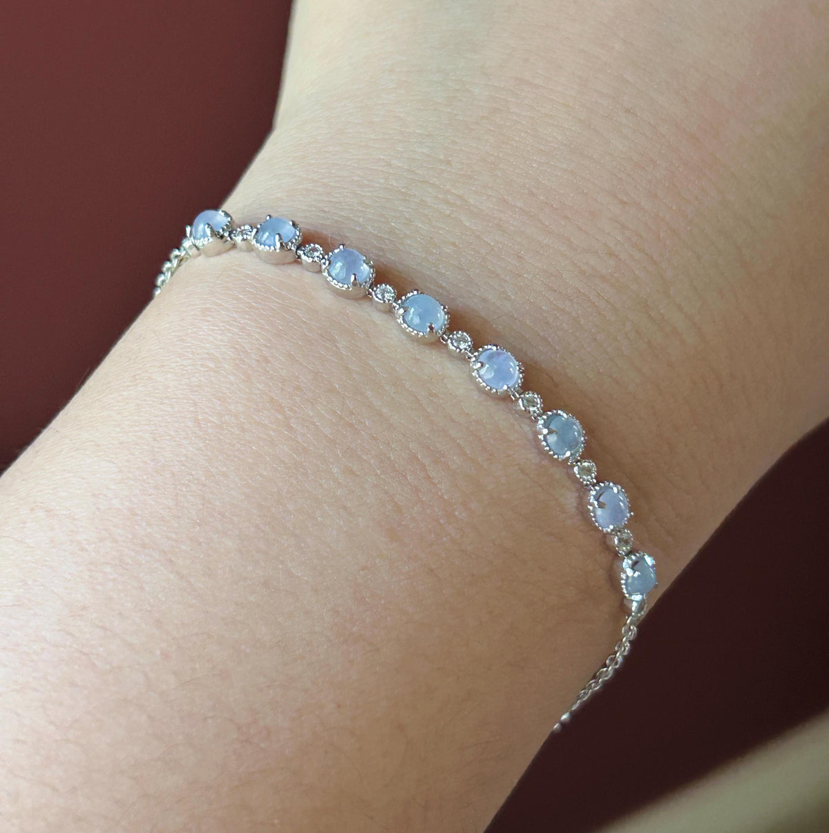 Certified Natural Jadeite Cabochon Minimalist Bracelet, Burmese Type A Translucent Icy Pale Lavender Jade Sterling Silver, Adjustable Length