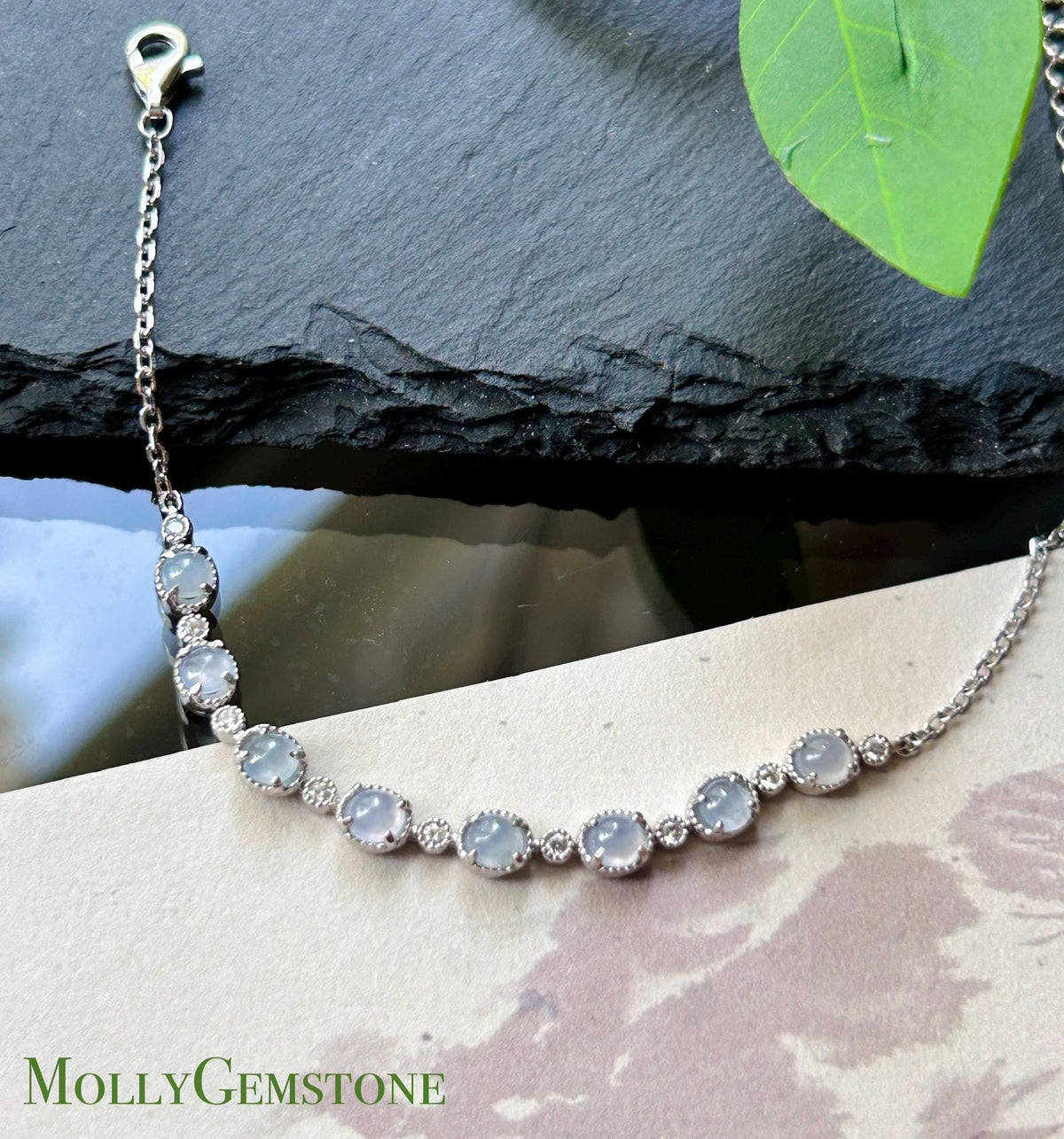 Certified Natural Jadeite Cabochon Minimalist Bracelet, Burmese Type A Translucent Icy Pale Lavender Jade Sterling Silver, Adjustable Length