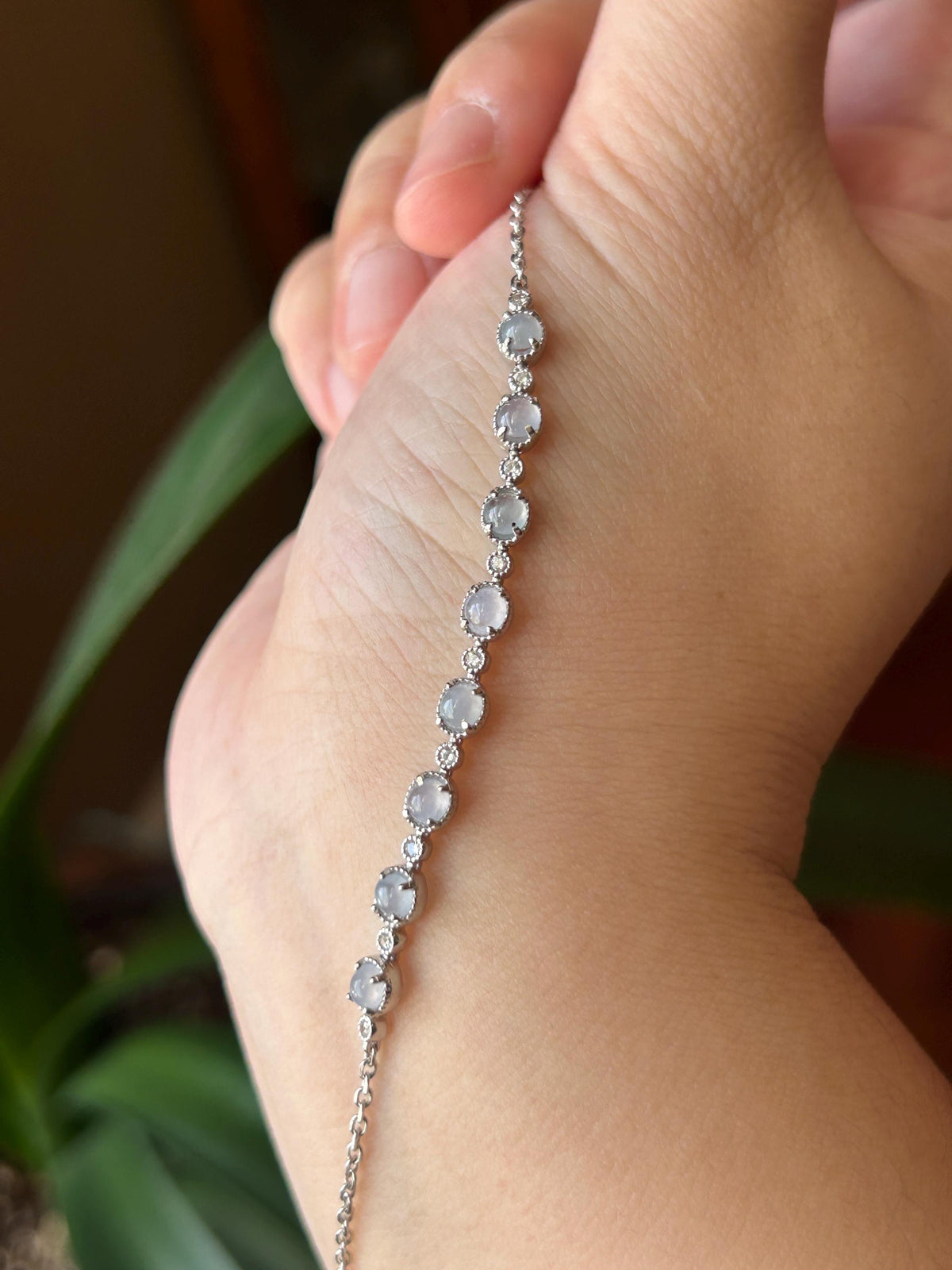 Certified Natural Jadeite Cabochon Minimalist Bracelet, Burmese Type A Translucent Icy Pale Lavender Jade Sterling Silver, Adjustable Length