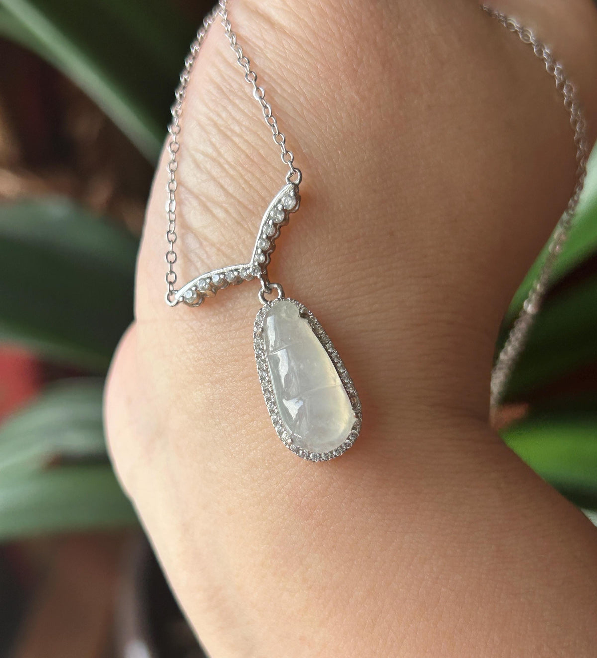 Natural Jadeite Beans Necklace, Burmese Type A Translucent Icy White Jade, Icy Glutinous Texture, Integrated 925 Sterling Silver Chain