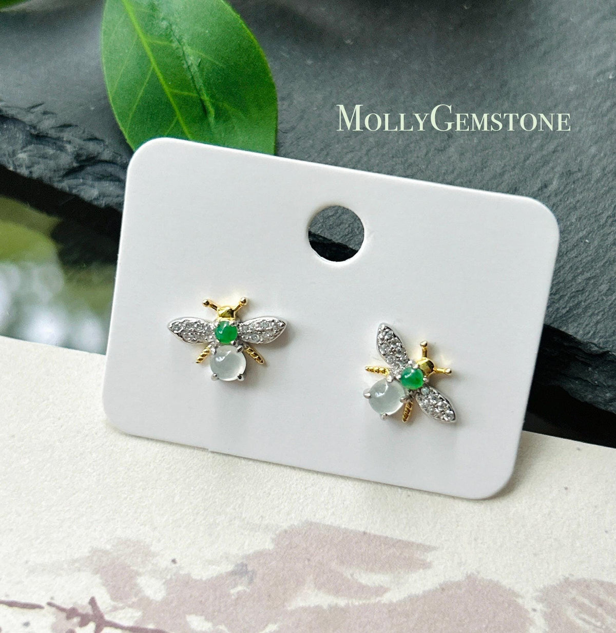 Certified Natural Jadeite Cabochon Bee Stud Earrings | Burmese Type A Highly Translucent Icy Multicolor Jade | Sterling Silver