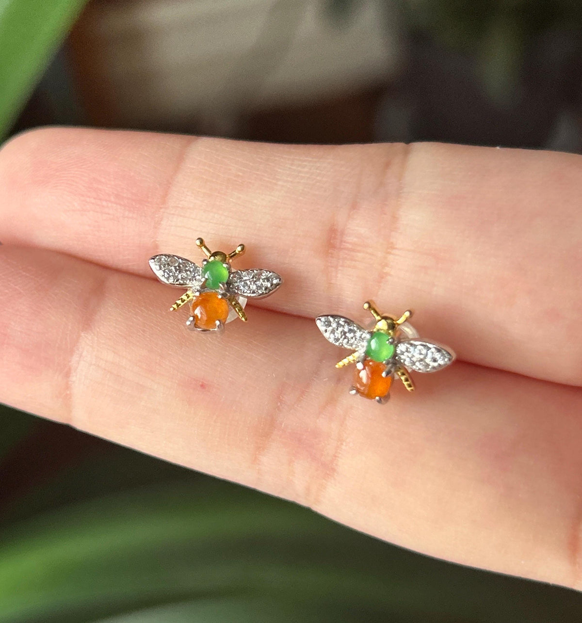 Certified Natural Jadeite Cabochon Bee Stud Earrings | Burmese Type A Highly Translucent Icy Multicolor Jade | Sterling Silver