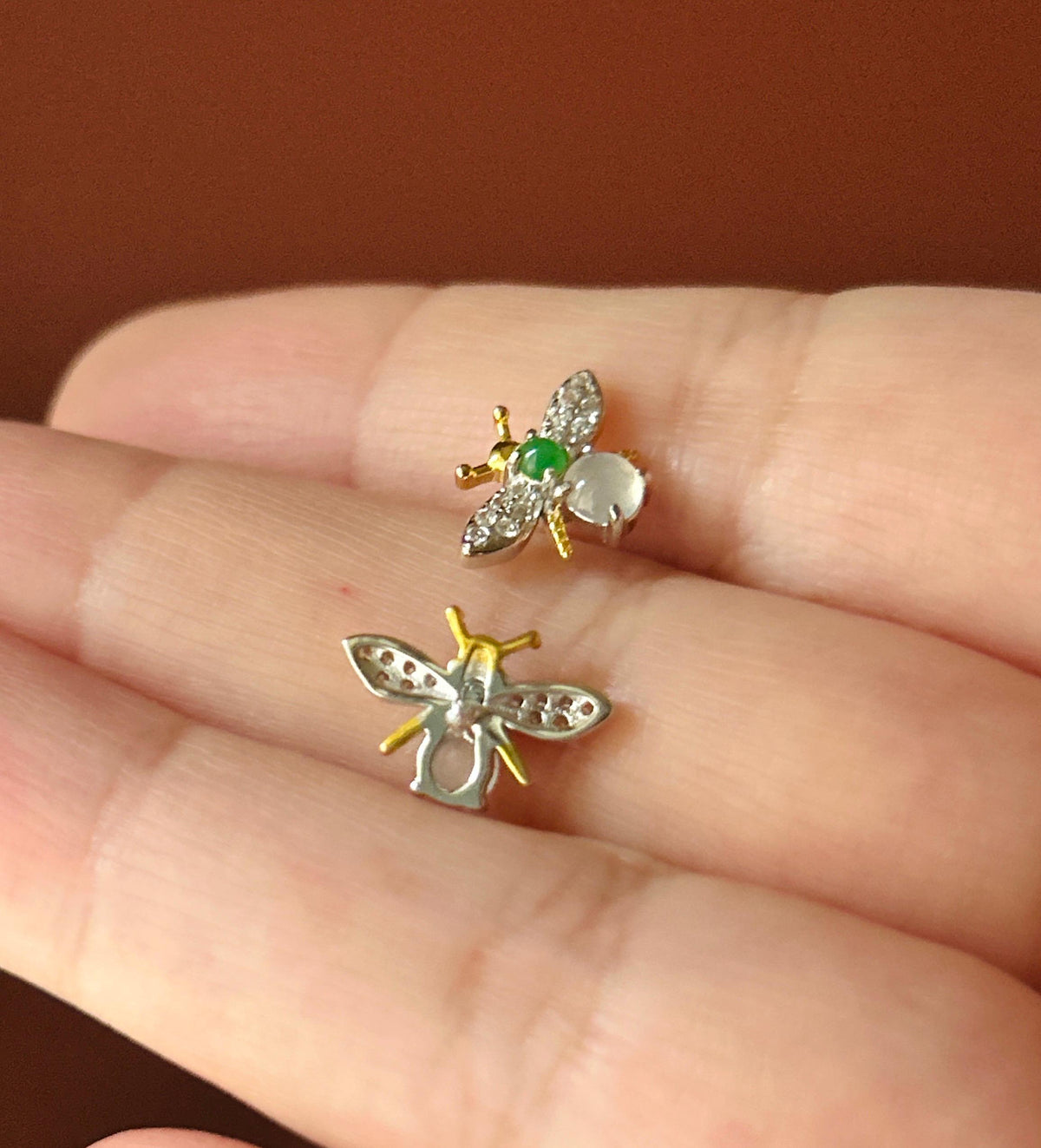 Certified Natural Jadeite Cabochon Bee Stud Earrings | Burmese Type A Highly Translucent Icy Multicolor Jade | Sterling Silver