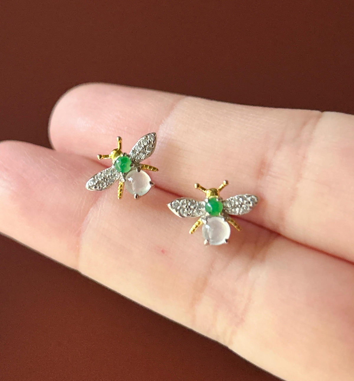 Certified Natural Jadeite Cabochon Bee Stud Earrings | Burmese Type A Highly Translucent Icy Multicolor Jade | Sterling Silver