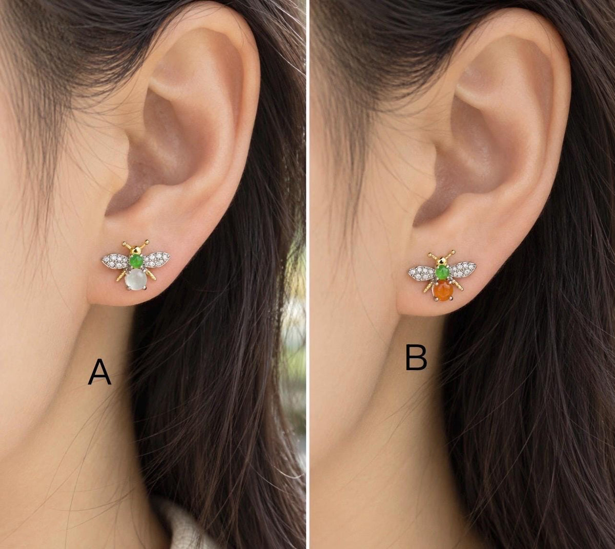 Certified Natural Jadeite Cabochon Bee Stud Earrings | Burmese Type A Highly Translucent Icy Multicolor Jade | Sterling Silver
