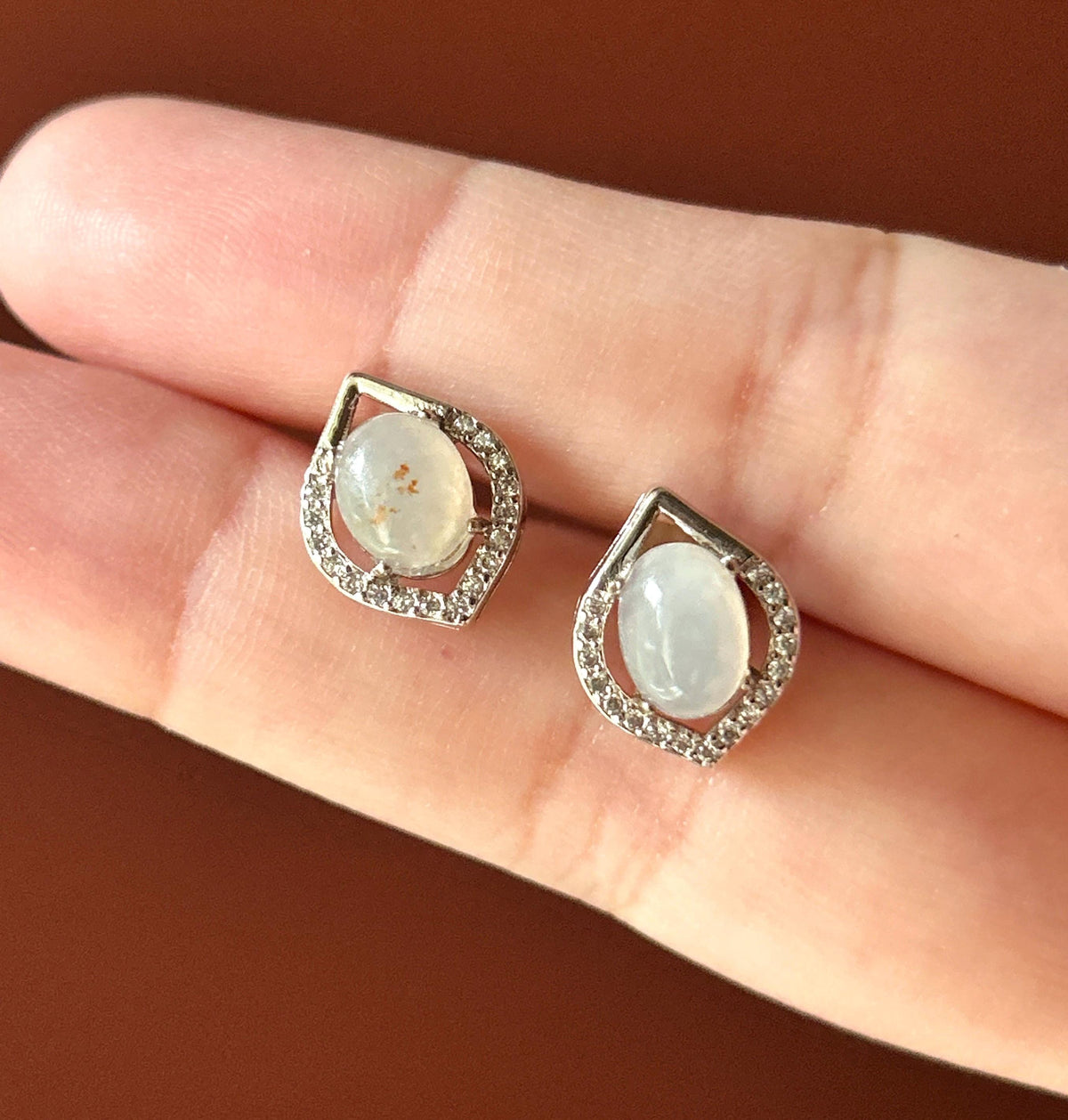 Natural Jadeite Cabochon AB Style Stud Earrings: Burmese Type A Untreated Translucent Icy White Red Floral Jade, Sterling Silver
