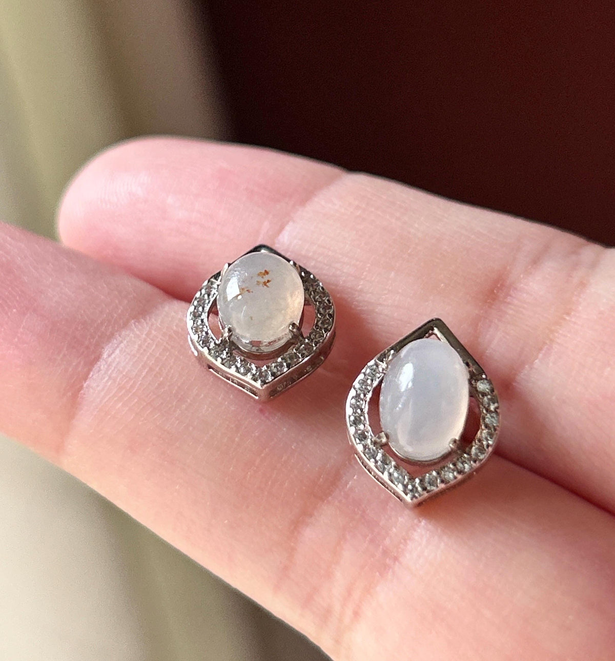 Natural Jadeite Cabochon AB Style Stud Earrings: Burmese Type A Untreated Translucent Icy White Red Floral Jade, Sterling Silver