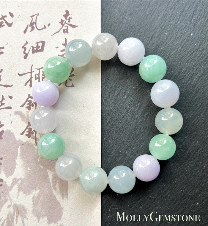Certified Natural Jadeite Beaded Bracelet High-End Burmese Type A Highly Translucent Icy Multicolor Jade, 12mm Spring Color Bracelet