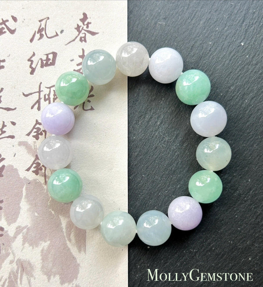 Certified Natural Jadeite Beaded Bracelet High-End Burmese Type A Highly Translucent Icy Multicolor Jade, 12mm Spring Color Bracelet