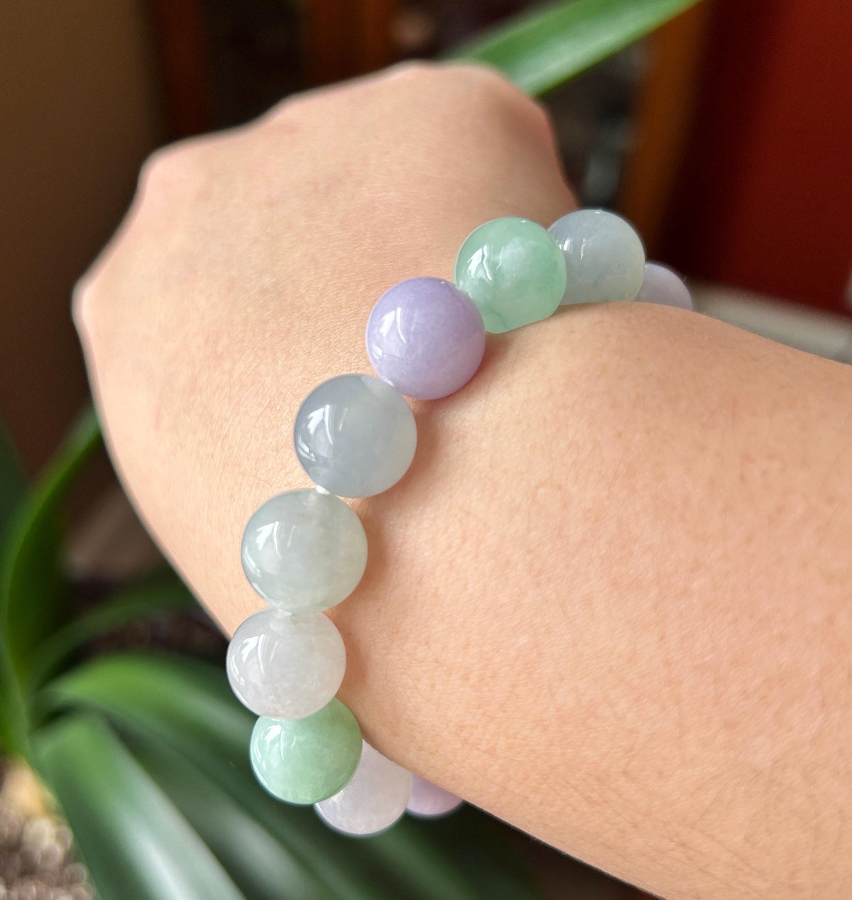 Certified Natural Jadeite Beaded Bracelet High-End Burmese Type A Highly Translucent Icy Multicolor Jade, 12mm Spring Color Bracelet
