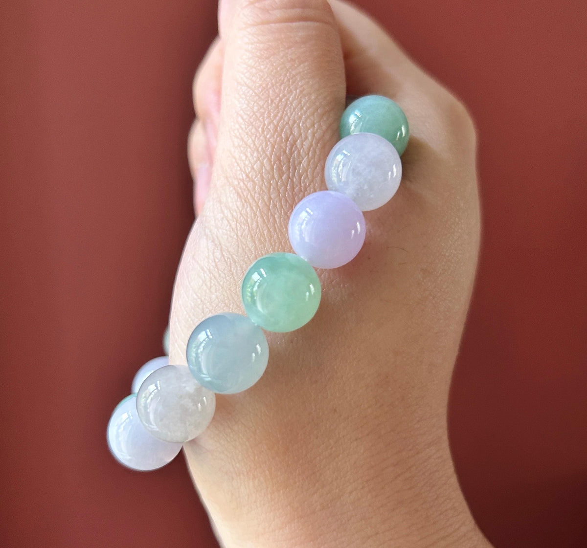 Certified Natural Jadeite Beaded Bracelet High-End Burmese Type A Highly Translucent Icy Multicolor Jade, 12mm Spring Color Bracelet