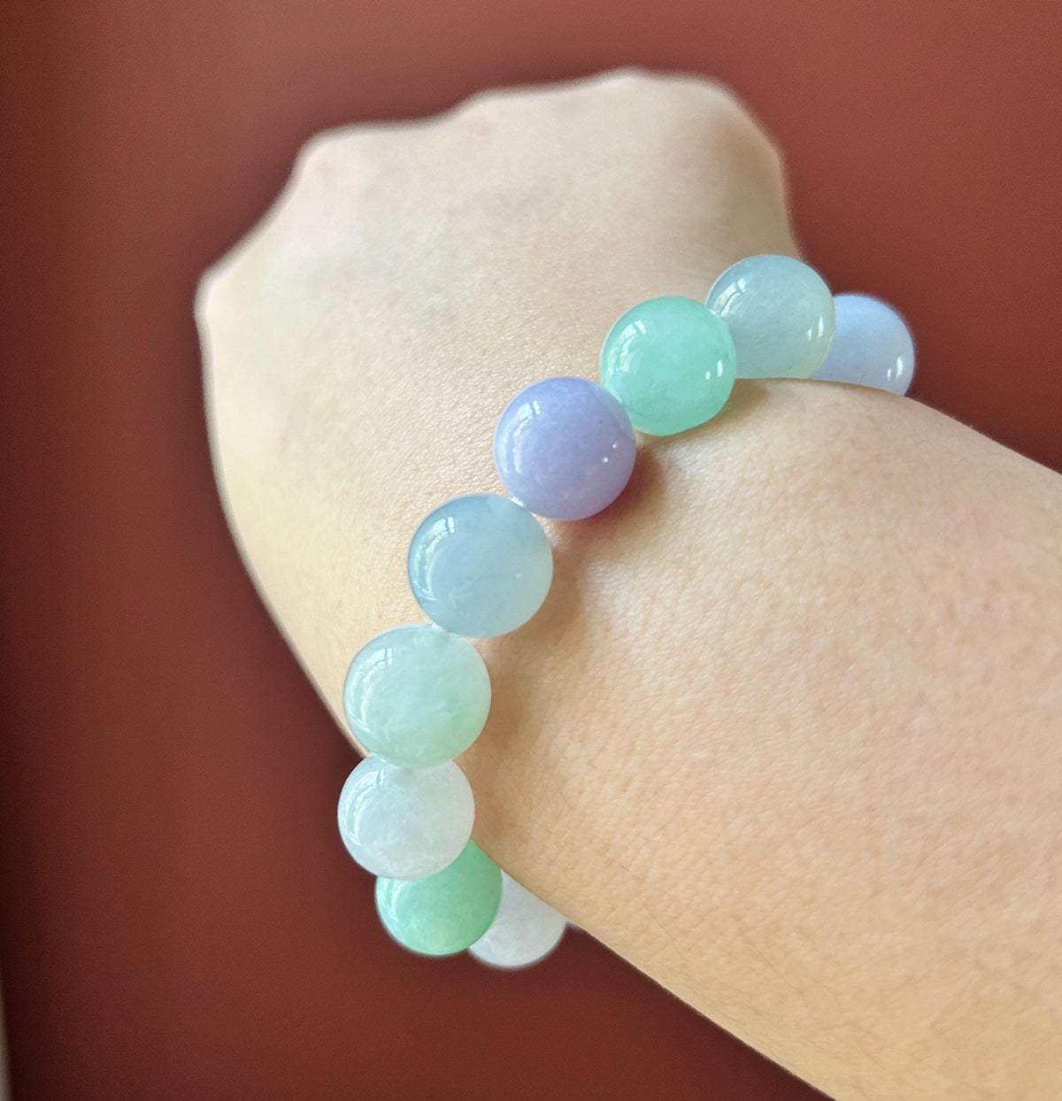 Certified Natural Jadeite Beaded Bracelet High-End Burmese Type A Highly Translucent Icy Multicolor Jade, 12mm Spring Color Bracelet