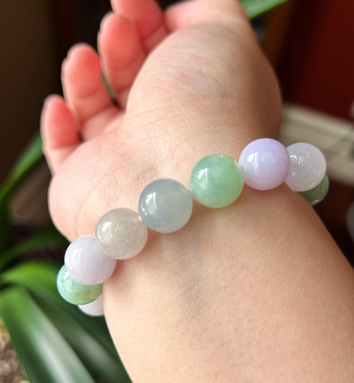 Certified Natural Jadeite Beaded Bracelet High-End Burmese Type A Highly Translucent Icy Multicolor Jade, 12mm Spring Color Bracelet