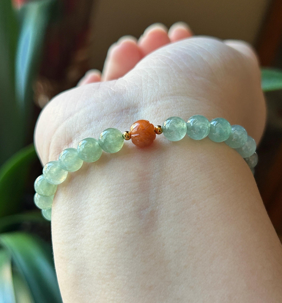 Natural Jadeite Beaded Bracelet, Burmese Type A Highly Translucent Icy Grass Green Jade Beads, 6.7mm