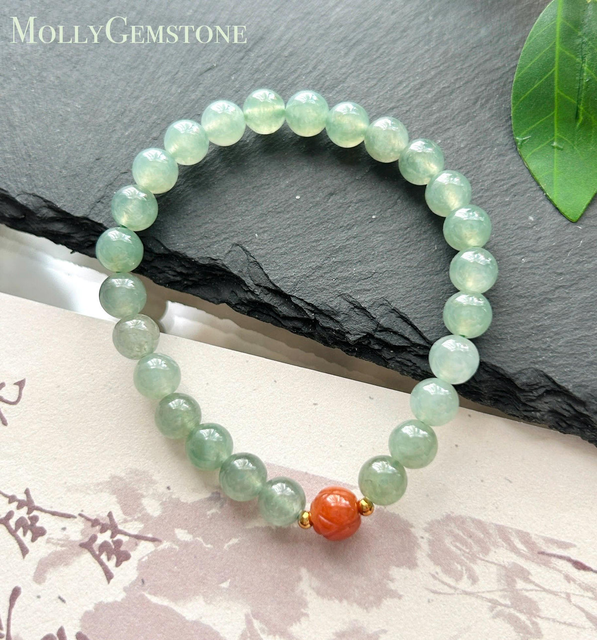 Natural Jadeite Beaded Bracelet, Burmese Type A Highly Translucent Icy Grass Green Jade Beads, 6.7mm