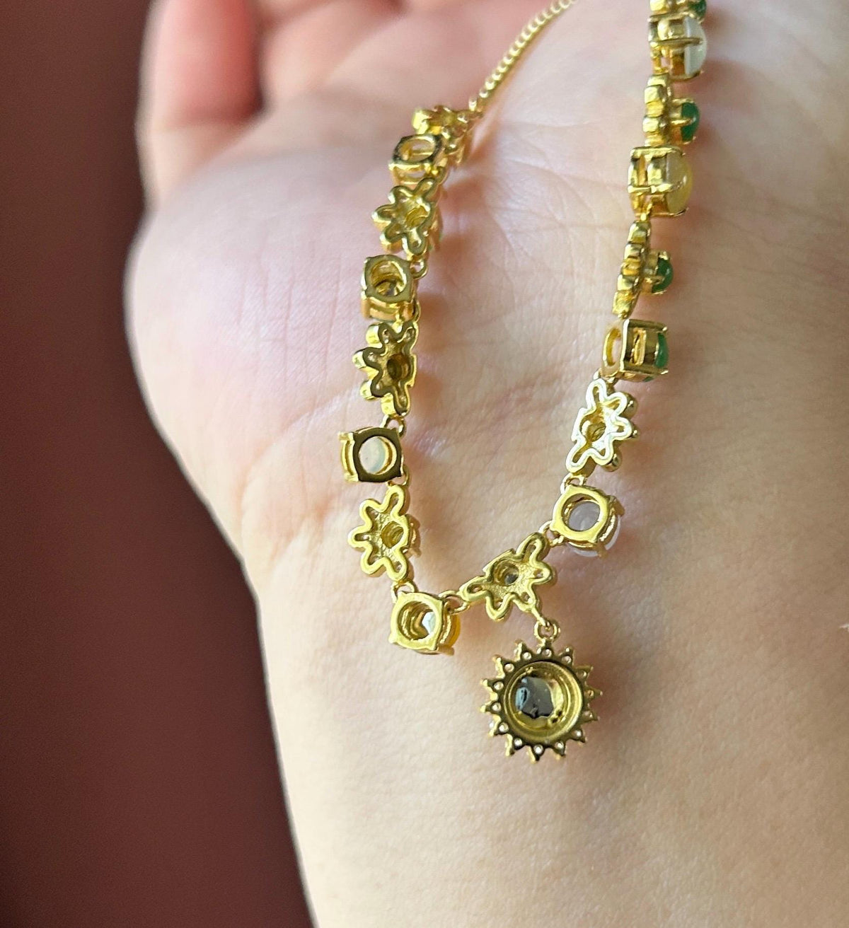 Certified Natural Jadeite Floral Necklace, Burmese Type A Highly Translucent Icy Multicolor Jade Cabochons, 18k Vermeil, 925 Sterling Silver