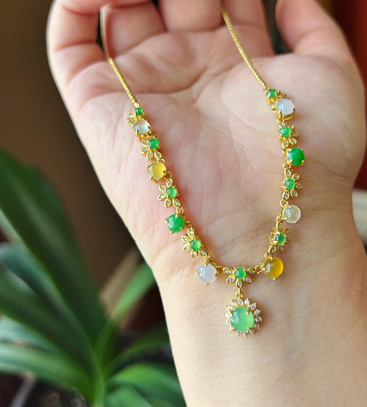 Certified Natural Jadeite Floral Necklace, Burmese Type A Highly Translucent Icy Multicolor Jade Cabochons, 18k Vermeil, 925 Sterling Silver
