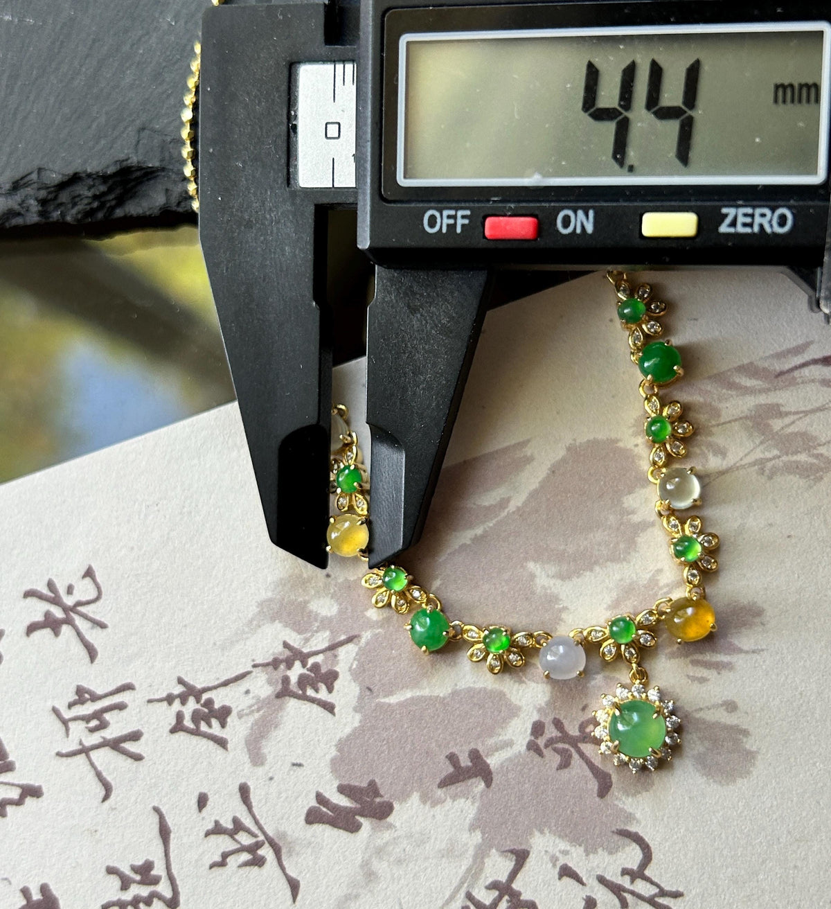 Certified Natural Jadeite Floral Necklace, Burmese Type A Highly Translucent Icy Multicolor Jade Cabochons, 18k Vermeil, 925 Sterling Silver
