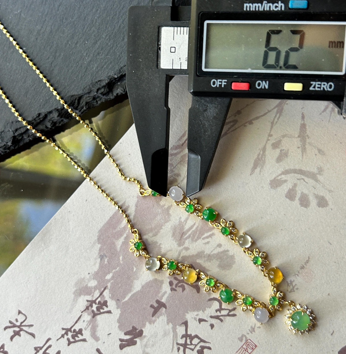 Certified Natural Jadeite Floral Necklace, Burmese Type A Highly Translucent Icy Multicolor Jade Cabochons, 18k Vermeil, 925 Sterling Silver
