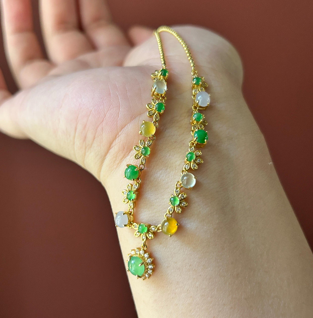 Certified Natural Jadeite Floral Necklace, Burmese Type A Highly Translucent Icy Multicolor Jade Cabochons, 18k Vermeil, 925 Sterling Silver