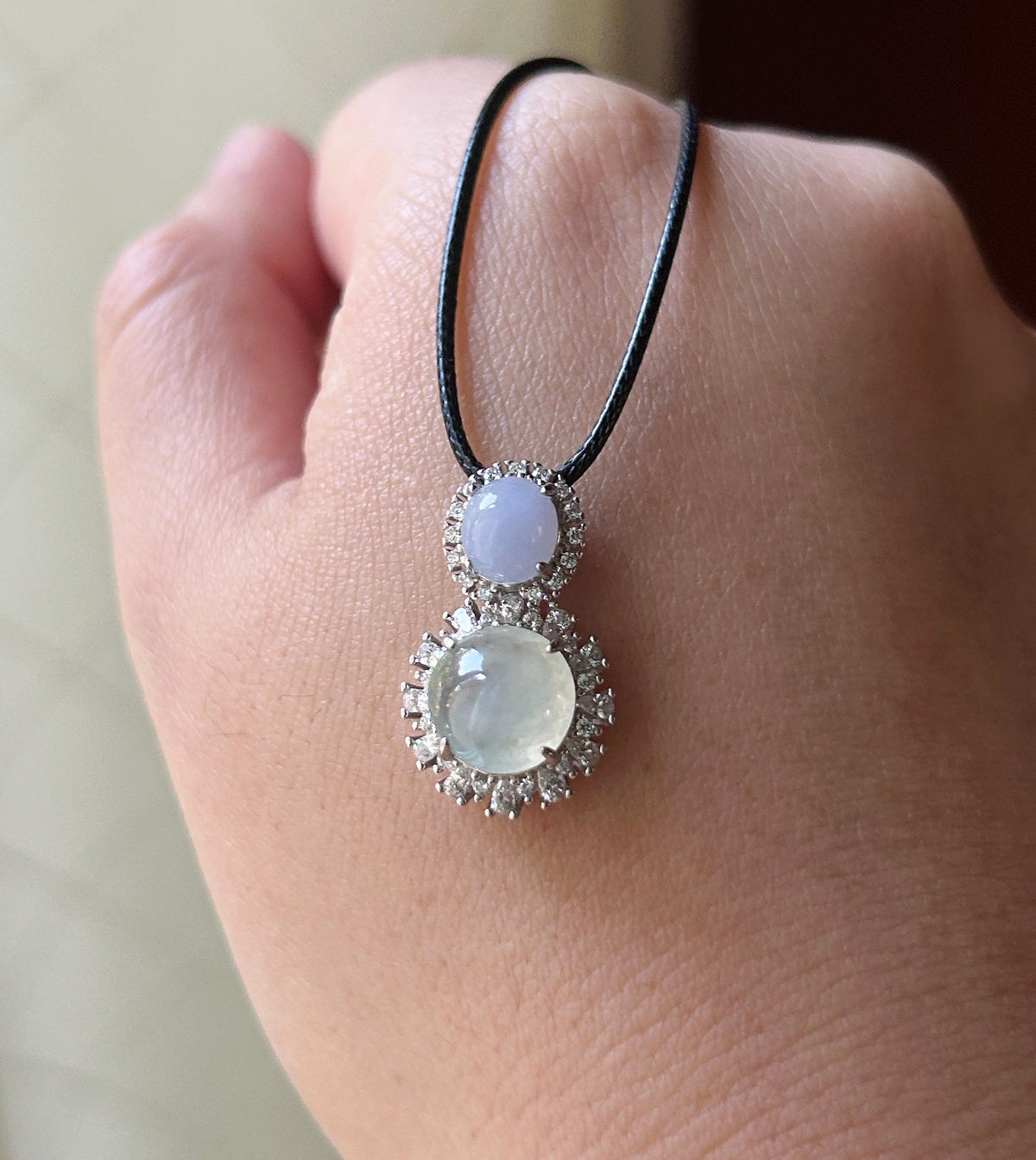 Certified Natural Jadeite Dual- Cabochon Pendant Burmese Type A Highly Translucent Icy Lavender & White Jade in Sterling Silver