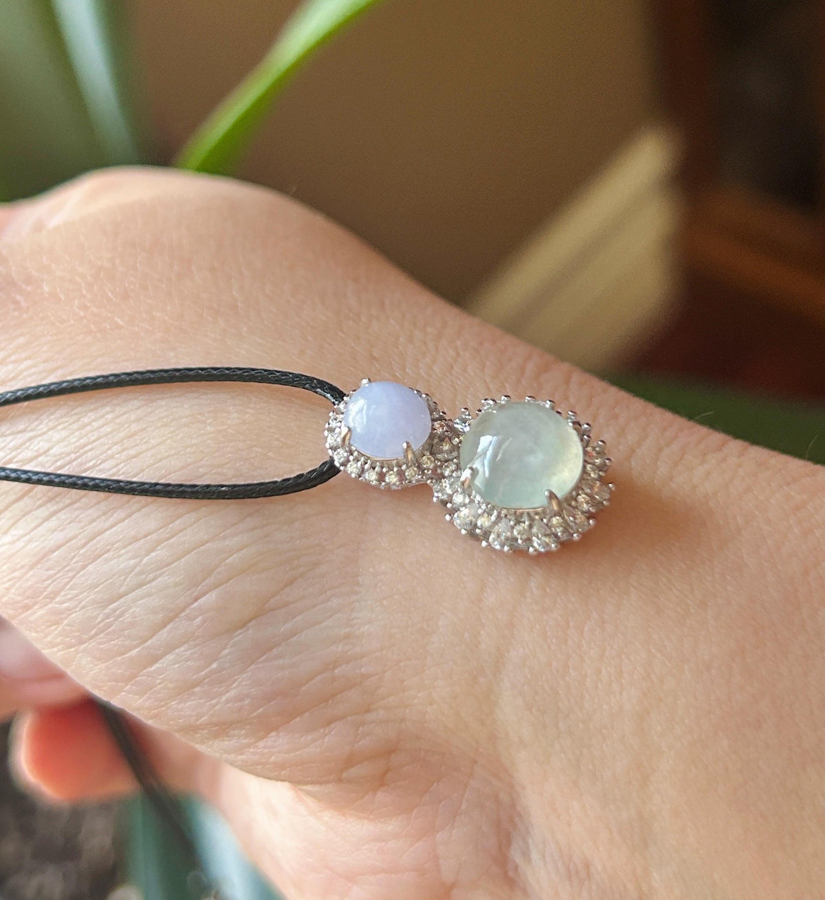 Certified Natural Jadeite Dual- Cabochon Pendant Burmese Type A Highly Translucent Icy Lavender & White Jade in Sterling Silver
