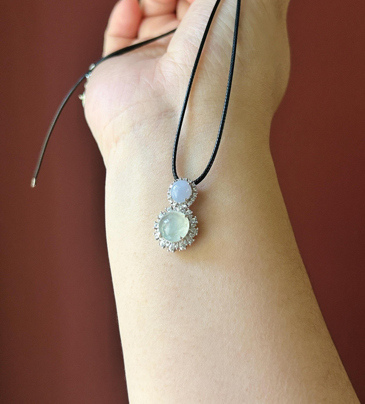 Certified Natural Jadeite Dual- Cabochon Pendant Burmese Type A Highly Translucent Icy Lavender & White Jade in Sterling Silver