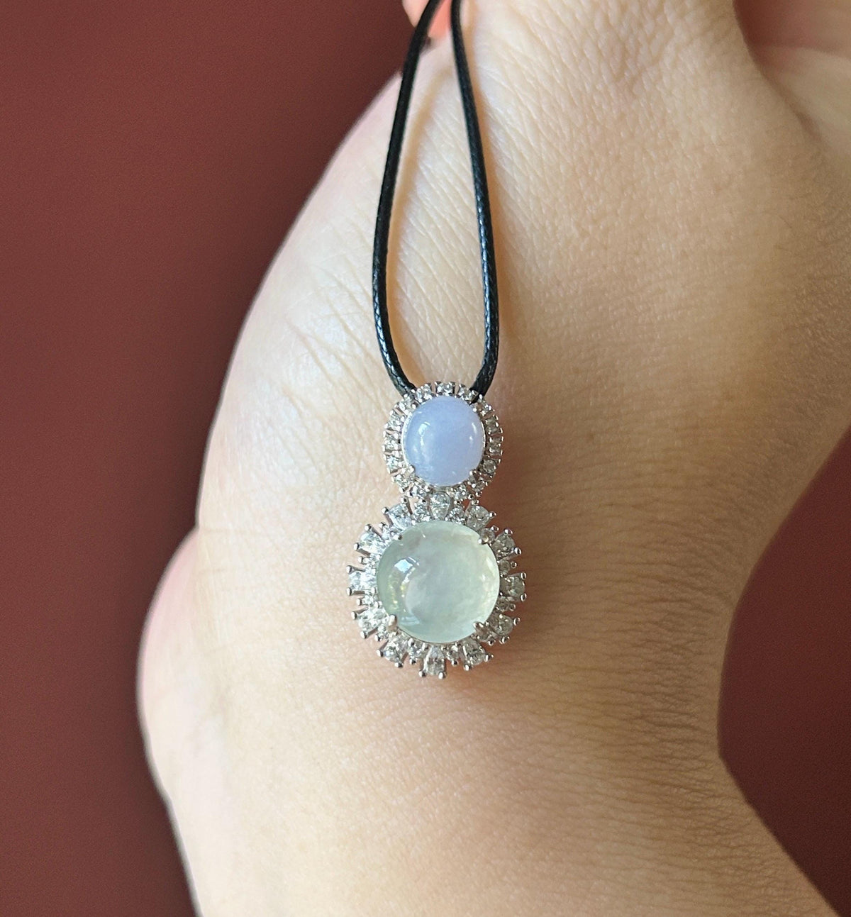 Certified Natural Jadeite Dual- Cabochon Pendant Burmese Type A Highly Translucent Icy Lavender & White Jade in Sterling Silver