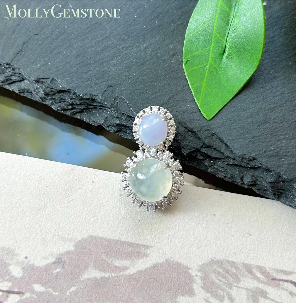 Certified Natural Jadeite Dual- Cabochon Pendant Burmese Type A Highly Translucent Icy Lavender & White Jade in Sterling Silver