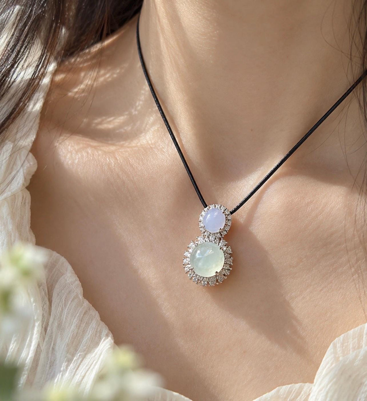 Certified Natural Jadeite Dual- Cabochon Pendant Burmese Type A Highly Translucent Icy Lavender & White Jade in Sterling Silver