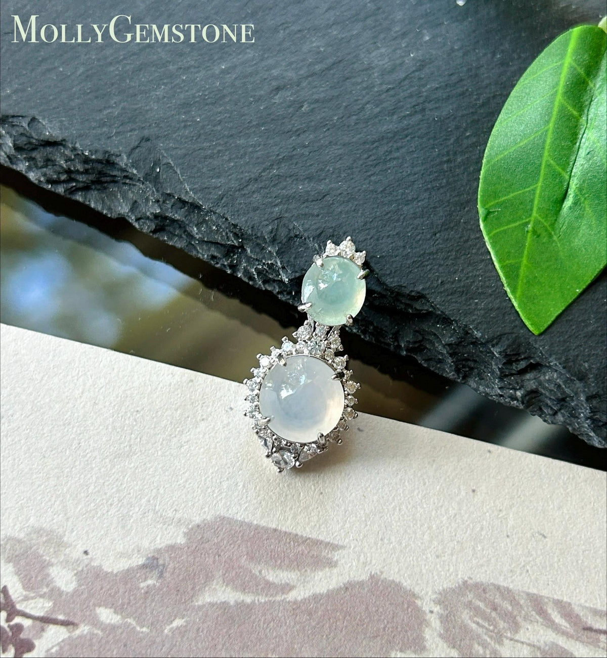 Certified Natural Jadeite Dual-Cabochon Pendant Burmese Type A Highly Translucent Icy Light Green & Moonlight White Jade in Sterling Silver