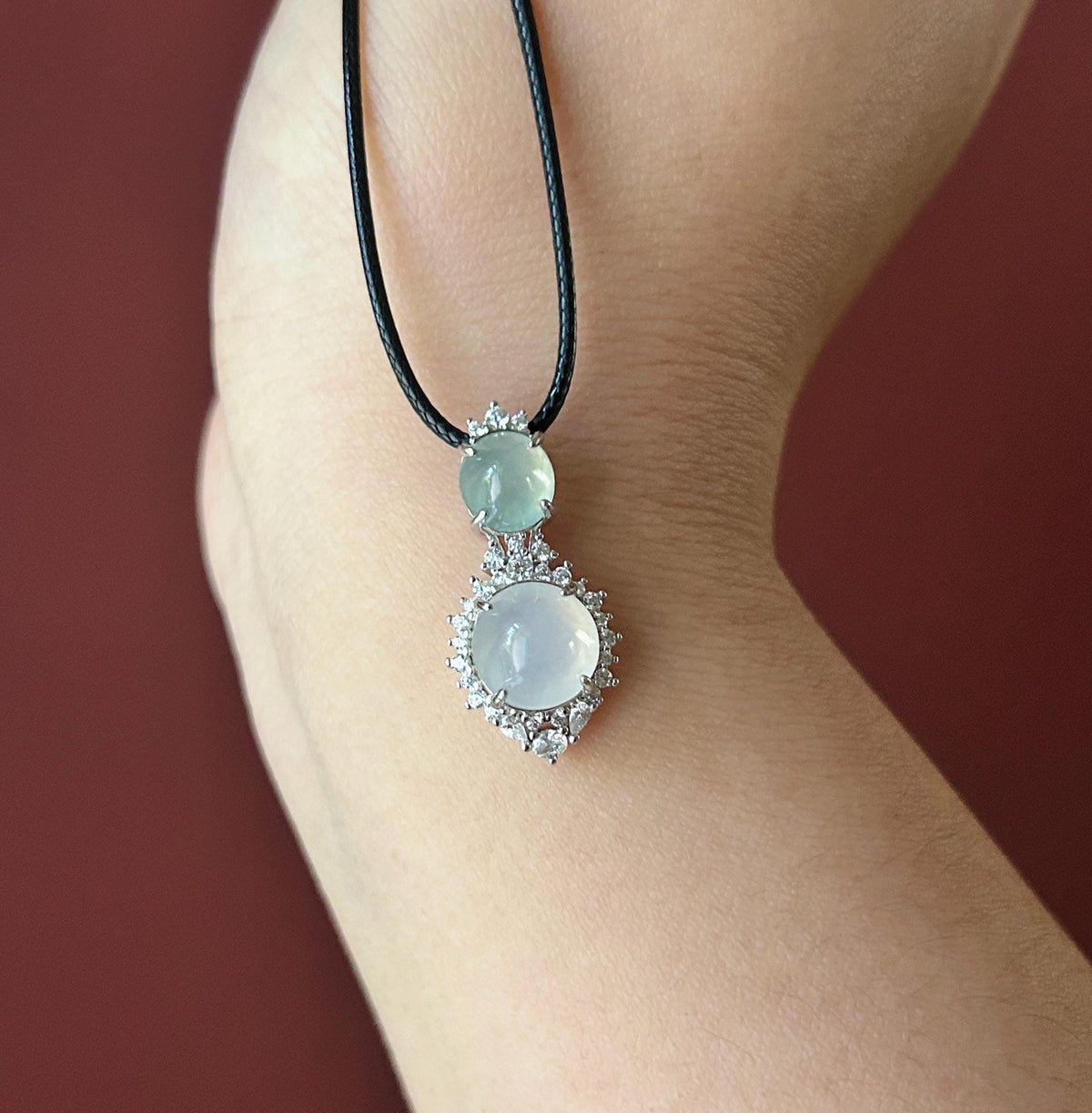 Certified Natural Jadeite Dual-Cabochon Pendant Burmese Type A Highly Translucent Icy Light Green & Moonlight White Jade in Sterling Silver