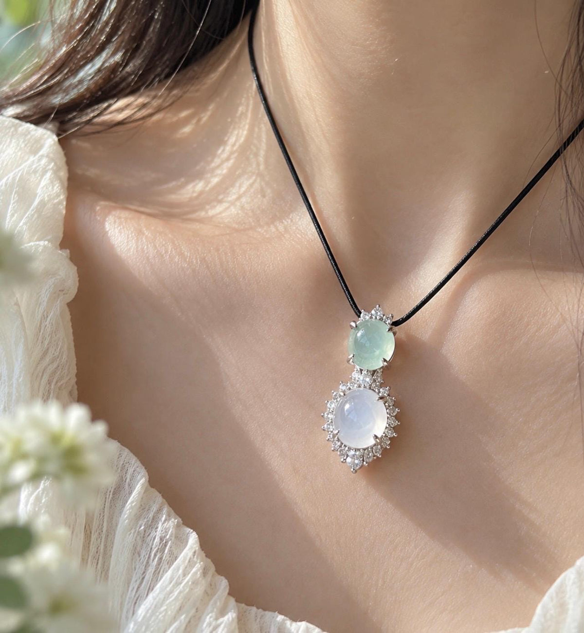 Certified Natural Jadeite Dual-Cabochon Pendant Burmese Type A Highly Translucent Icy Light Green & Moonlight White Jade in Sterling Silver