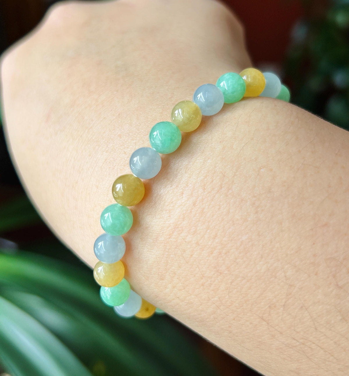 Natural Jadeite Beaded Bracelet, Burmese Type A Translucent Icy Pale Blue Lavender, Honey Yellow, Apple Green Multi-Color Jade, 6.8mm