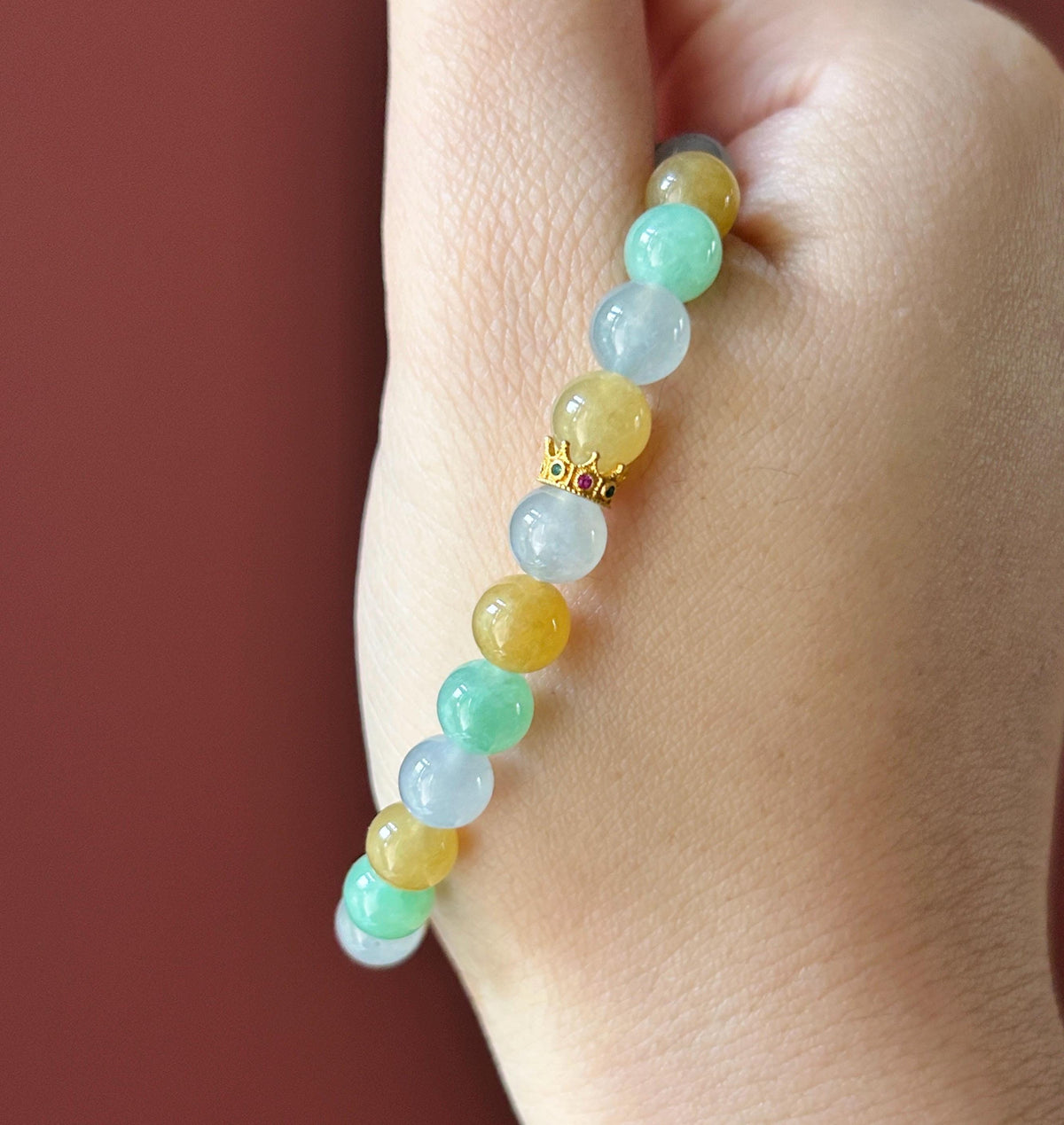 Natural Jadeite Beaded Bracelet, Burmese Type A Translucent Icy Pale Blue Lavender, Honey Yellow, Apple Green Multi-Color Jade, 6.8mm