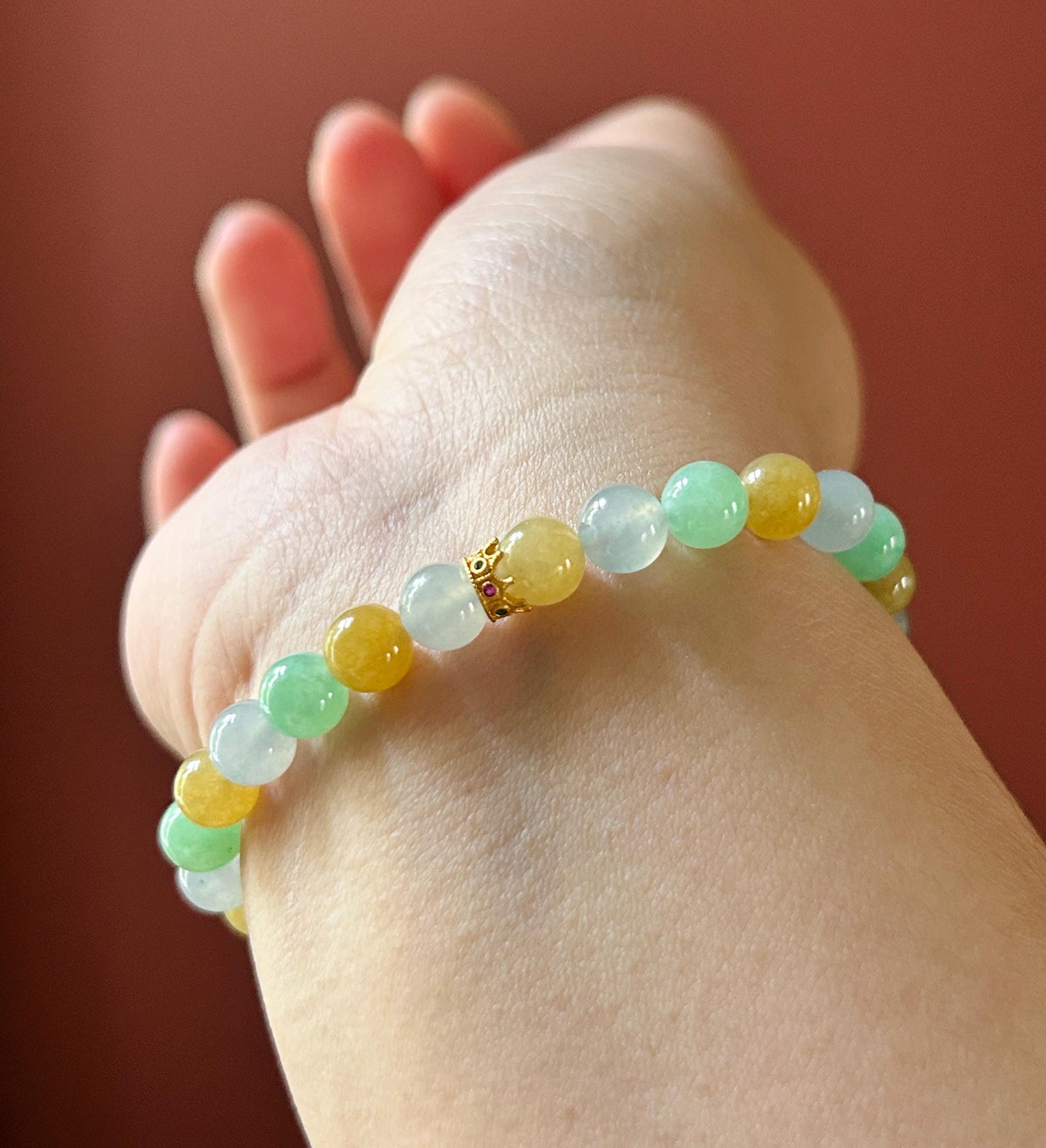 Natural Jadeite Beaded Bracelet, Burmese Type A Translucent Icy Pale Blue Lavender, Honey Yellow, Apple Green Multi-Color Jade, 6.8mm