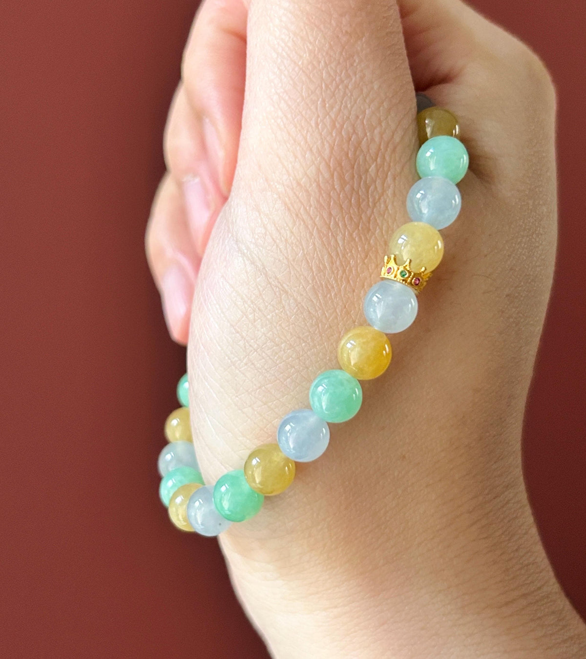 Natural Jadeite Beaded Bracelet, Burmese Type A Translucent Icy Pale Blue Lavender, Honey Yellow, Apple Green Multi-Color Jade, 6.8mm