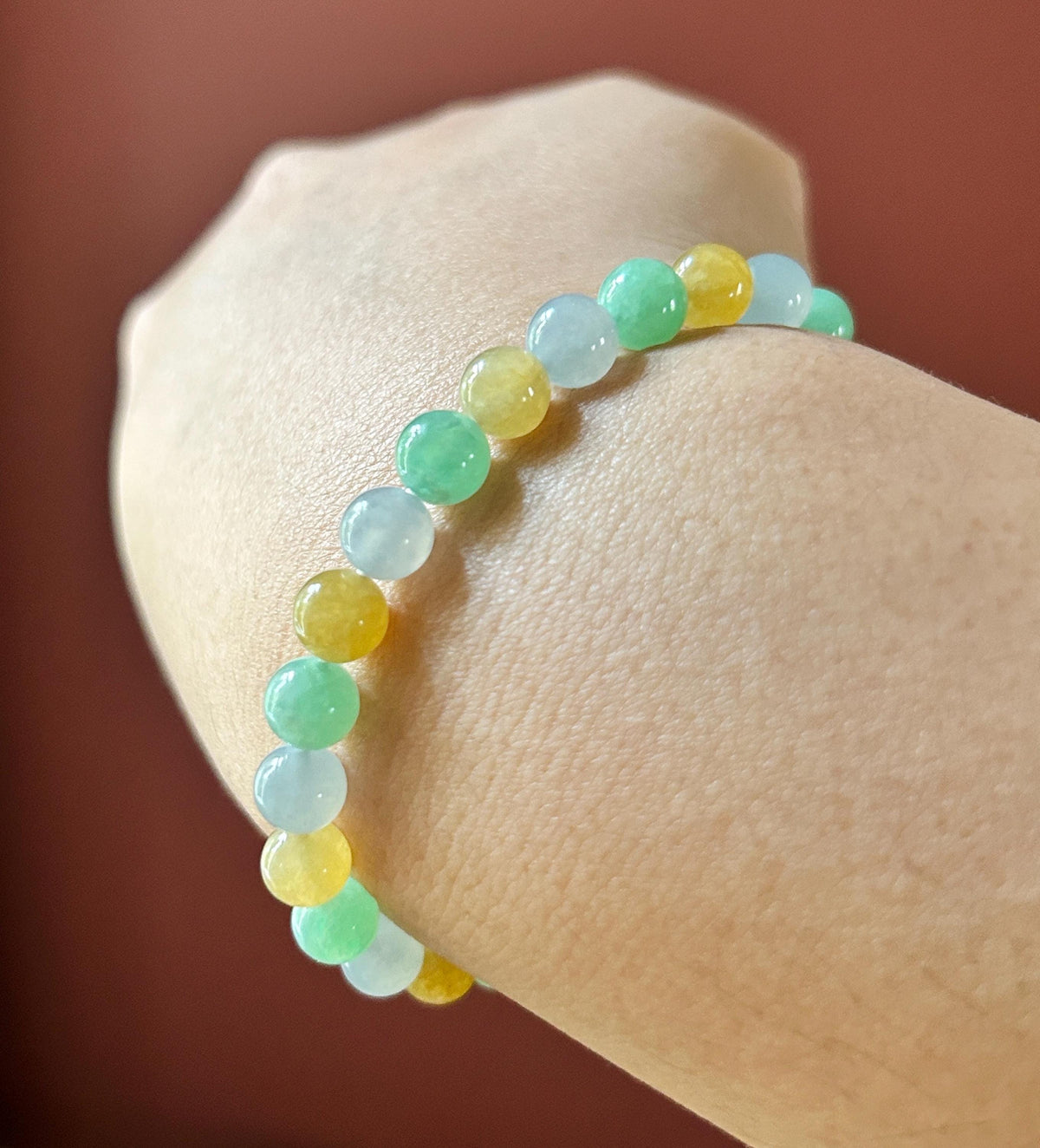 Natural Jadeite Beaded Bracelet, Burmese Type A Translucent Icy Pale Blue Lavender, Honey Yellow, Apple Green Multi-Color Jade, 6.8mm