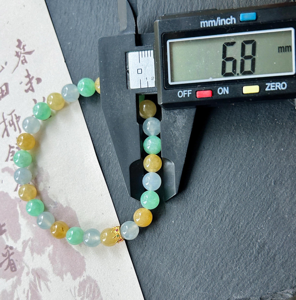Natural Jadeite Beaded Bracelet, Burmese Type A Translucent Icy Pale Blue Lavender, Honey Yellow, Apple Green Multi-Color Jade, 6.8mm