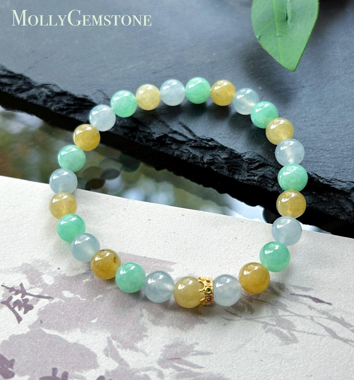Natural Jadeite Beaded Bracelet, Burmese Type A Translucent Icy Pale Blue Lavender, Honey Yellow, Apple Green Multi-Color Jade, 6.8mm
