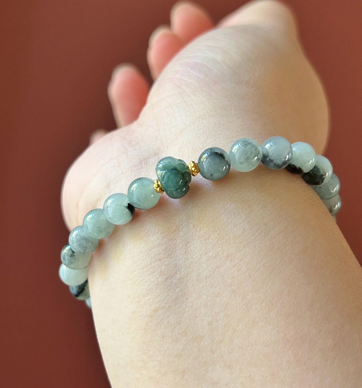 Natural Jadeite Beaded Bracelet, Burmese Type A Icy-Translucent Pale Green Base, Ink-Wash Landscape Wuji Jade, 6.8mm